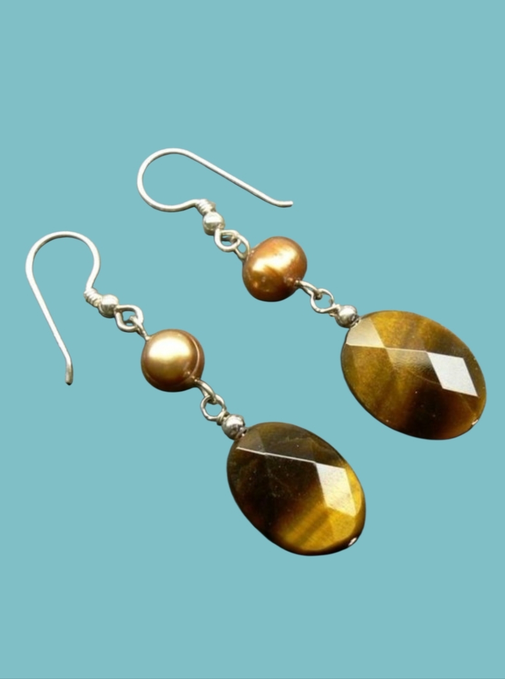 Tigers Eye & Brown Pearl Sterling Silver Earrings